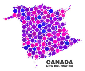 Mosaic New Brunswick Province map isolated on a white background. Vector geographic abstraction in pink and violet colors. Mosaic of New Brunswick Province map combined of scattered circle elements.
