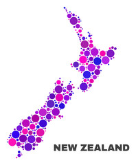 Mosaic New Zealand map isolated on a white background. Vector geographic abstraction in pink and violet colors. Mosaic of New Zealand map combined of scattered circle dots.