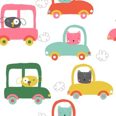 Tapeten Autos Lustige Tiere im nahtlosen Muster der Autos. Süßer Kinderdruck. Gezeichnete Illustration des Vektors Hand.
