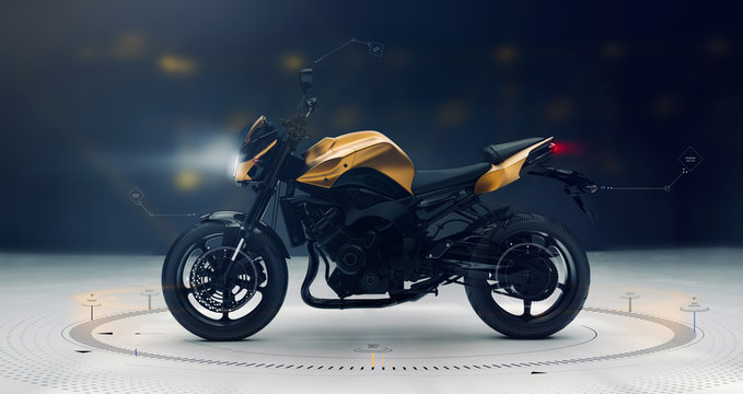 Modern sports motorcycle with technology user interface details  (3D illustration)