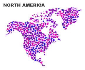 Mosaic North America map isolated on a white background. Vector geographic abstraction in pink and violet colors. Mosaic of North America map combined of random round items.