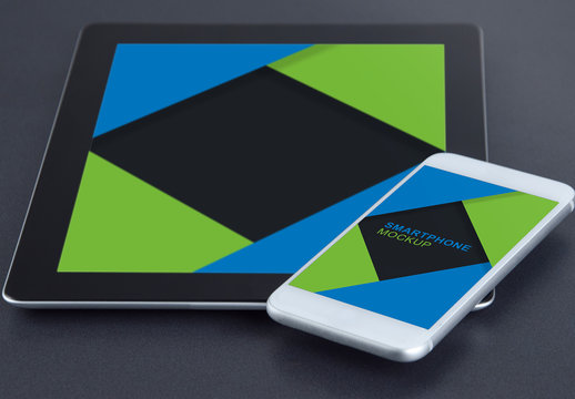 Smartphone and Tablet on a Dark Background Mockup