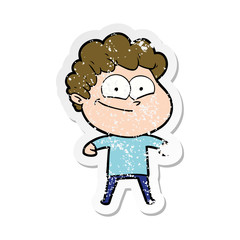 distressed sticker of a cartoon happy man