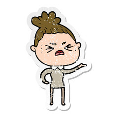 distressed sticker of a cartoon angry woman