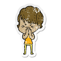 distressed sticker of a cartoon frustrated woman