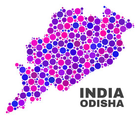Mosaic Odisha State map isolated on a white background. Vector geographic abstraction in pink and violet colors. Mosaic of Odisha State map combined of scattered round elements.