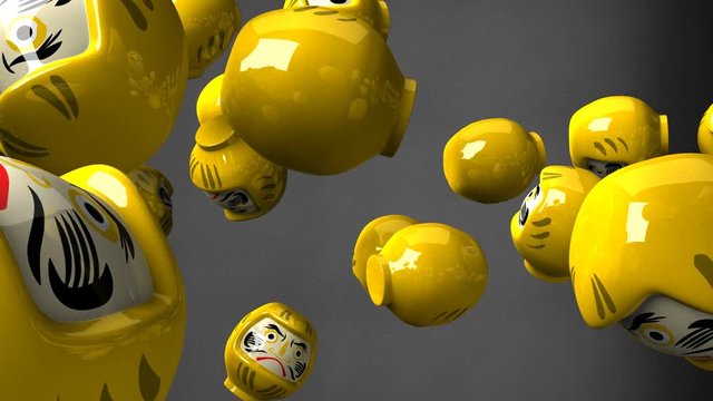 Yellow daruma dolls on black background.Loop able 3DCG render animation.