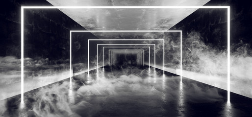 Smoke Fog Alien Spaceship Futuristic Sci Fi Modern Neon Glowing White Grunge Concrete Box Shaped Tunnel Empty Corridor Laser Show Club 3D Rendering