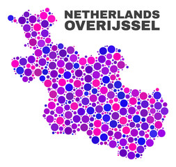 Mosaic Overijssel Province map isolated on a white background. Vector geographic abstraction in pink and violet colors. Mosaic of Overijssel Province map combined of scattered spheric dots.
