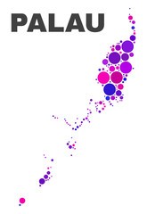 Mosaic Palau map isolated on a white background. Vector geographic abstraction in pink and violet colors. Mosaic of Palau map combined of random spheric points.