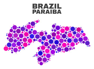 Mosaic Paraiba State map isolated on a white background. Vector geographic abstraction in pink and violet colors. Mosaic of Paraiba State map combined of random circle items.