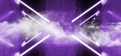 Smoke Sci Fi Neon Glowing Abstract Triangle Retro Vibrant Purple Ultraviolet Blue Tube Lights On Grunge Reflective Concrete Club Dance Room 3D Rendering