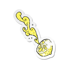 retro distressed sticker of a cartoon squirting lemon