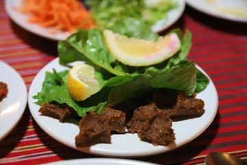 Turkish style food with lamb on skewers