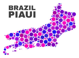Mosaic Piaui State map isolated on a white background. Vector geographic abstraction in pink and violet colors. Mosaic of Piaui State map combined of random spheric elements.