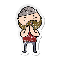 distressed sticker of a cartoon happy bearded man