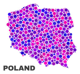 Mosaic Poland map isolated on a white background. Vector geographic abstraction in pink and violet colors. Mosaic of Poland map combined of scattered spheric points.
