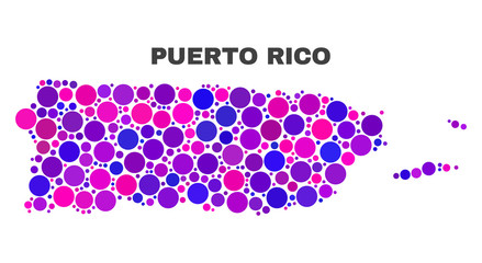 Mosaic Puerto Rico map isolated on a white background. Vector geographic abstraction in pink and violet colors. Mosaic of Puerto Rico map combined of scattered circle dots.