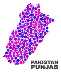 Mosaic Punjab Province map isolated on a white background. Vector geographic abstraction in pink and violet colors. Mosaic of Punjab Province map combined of random round items.