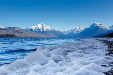 Fototapeta na wymiar Lake McDonald, Glacier National Park, Montana with icy shore