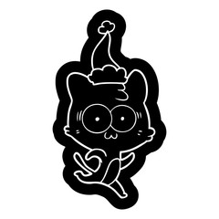 cartoon icon of a surprised cat running wearing santa hat