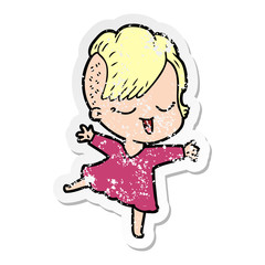 distressed sticker of a happy cartoon girl dancing