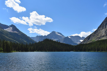 Fototapeta na wymiar Mountains and Pine Trees Surrounding a Bright Blue Lake in Glacier National Park, Montana