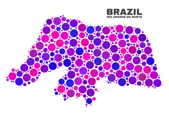 Mosaic Rio Grande do Norte State map isolated on a white background. Vector geographic abstraction in pink and violet colors. Mosaic of Rio Grande do Norte State map combined of scattered round dots.