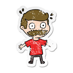 distressed sticker of a cartoon man with mustache shocked