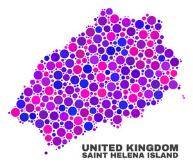 Mosaic Saint Helena Island map isolated on a white background. Vector geographic abstraction in pink and violet colors. Mosaic of Saint Helena Island map combined of random round dots.
