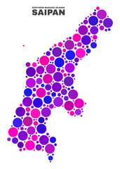 Mosaic Saipan Island map isolated on a white background. Vector geographic abstraction in pink and violet colors. Mosaic of Saipan Island map combined of scattered circle items.