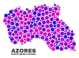 Mosaic Santa Maria Island map isolated on a white background. Vector geographic abstraction in pink and violet colors. Mosaic of Santa Maria Island map combined of random circle points.