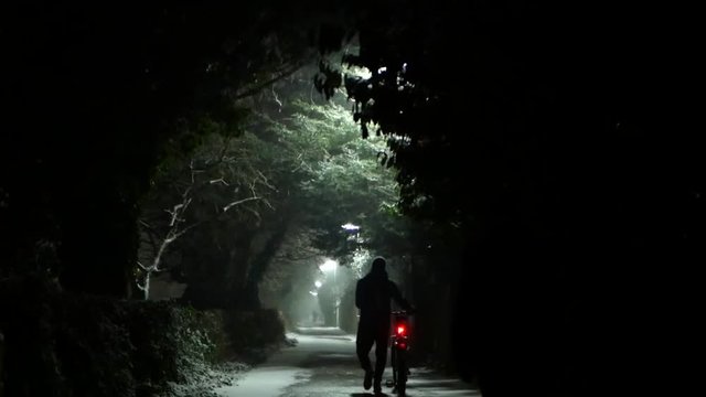 People walk home in snow fall a park of Epsom, Surrey, Uk at night