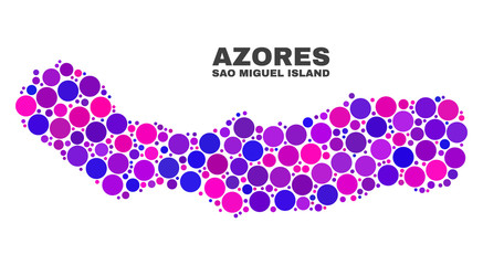 Mosaic Sao Miguel Island map isolated on a white background. Vector geographic abstraction in pink and violet colors. Mosaic of Sao Miguel Island map designed from scattered round items.