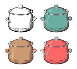Set of 4 pots. Retro style illustration of pans. Monochrome and colored versions