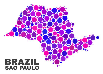 Mosaic Sao Paulo State map isolated on a white background. Vector geographic abstraction in pink and violet colors. Mosaic of Sao Paulo State map combined of random circle dots.