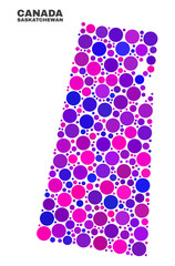Mosaic Saskatchewan Province map isolated on a white background. Vector geographic abstraction in pink and violet colors. Mosaic of Saskatchewan Province map combined of scattered spheric elements.