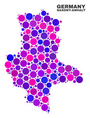 Mosaic Saxony-Anhalt Land map isolated on a white background. Vector geographic abstraction in pink and violet colors. Mosaic of Saxony-Anhalt Land map combined of scattered circle points.