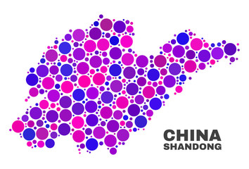 Mosaic Shandong Province map isolated on a white background. Vector geographic abstraction in pink and violet colors. Mosaic of Shandong Province map combined of scattered spheric items.