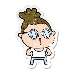 distressed sticker of a cartoon tough woman wearing spectacles