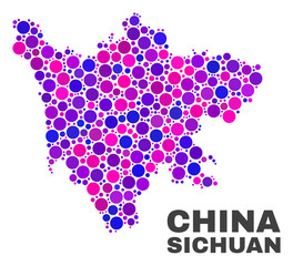 Mosaic Sichuan Province map isolated on a white background. Vector geographic abstraction in pink and violet colors. Mosaic of Sichuan Province map combined of scattered round elements.