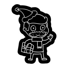cartoon icon of a man with mustache and christmas present wearing santa hat