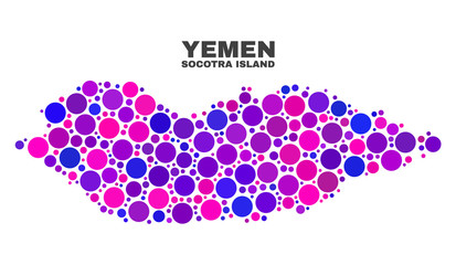 Mosaic Socotra Island map isolated on a white background. Vector geographic abstraction in pink and violet colors. Mosaic of Socotra Island map combined of random circle dots.