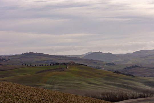 hills, meadows clouds, cypress trees and scattered trees, some buildings © Filippo Corti
