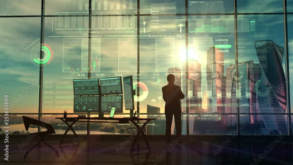 Poster successful trader and infographics in augmented reality