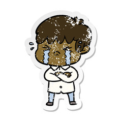 distressed sticker of a crying boy cartoon