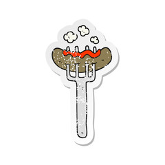 retro distressed sticker of a cartoon sausage on fork