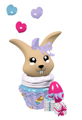 3d Kawaii Cupcake mit niedlichem Häschen, Osterei, Geschenken und herzchen.