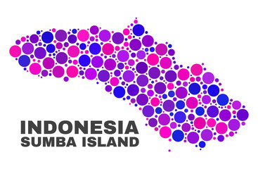 Mosaic Sumba Island map isolated on a white background. Vector geographic abstraction in pink and violet colors. Mosaic of Sumba Island map combined of random circle points.