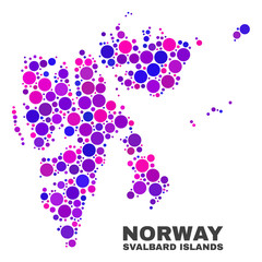 Mosaic Svalbard Islands map isolated on a white background. Vector geographic abstraction in pink and violet colors. Mosaic of Svalbard Islands map combined of scattered spheric elements.